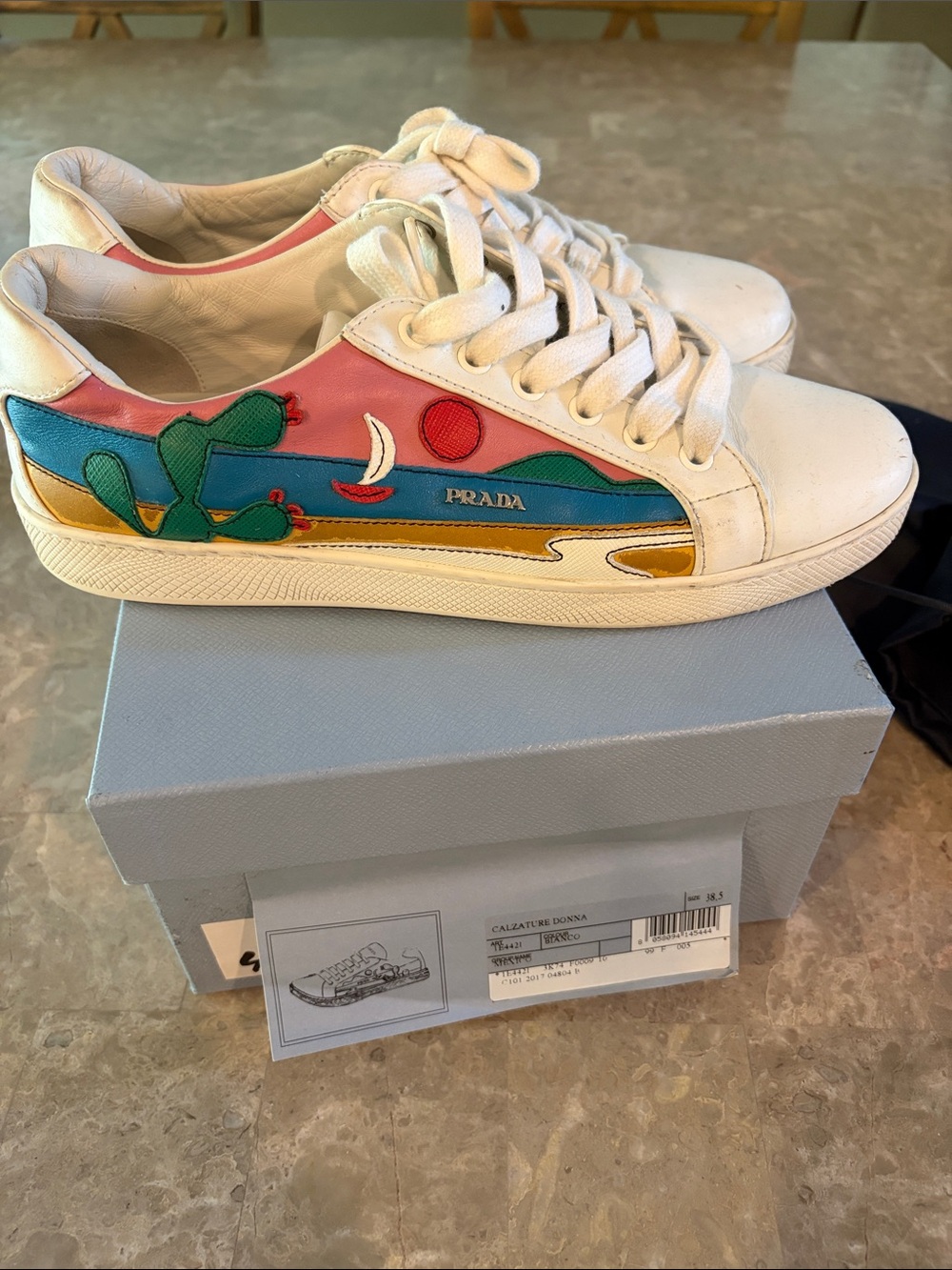Women’s Prada White Leather Sneakers with Multicolor Desert Appliqué